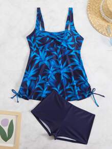 Swim Lushoire 女士海滩夏季服装，全新花卉印花细肩带侧抽绳裙短裤分体泳衣上衣两件套泳装，成熟老年度假