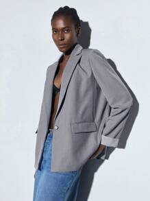 Maija 女士灰色早春时尚百搭翻领垫肩前袋条纹撞色面料长袖休闲办公宽松西装外套节日 - 灰色 - 查看 6