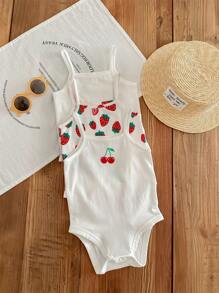 SHEIN LMoss Kids Baby Girl LMoss 3pcs/Set Casual Summer Knit Cartoon Pattern Camisole, Open Crotch Bodysuit Graphic - Multicolor - View 6