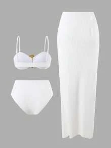 Swim Oasis 3 件套女士泳装套装：纹理抹胸上衣、三角形比基尼泳裤和带金色贝壳装饰的高开叉沙滩裙，Springbreak