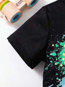 SHEIN 2 件套年轻男孩休闲简约舒适圆领短袖 T 恤和牛仔裤 - 黑色 - 查看 7