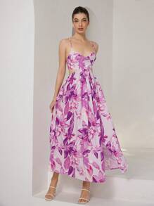 Bloemenprint Cut-Out Taille Split Dij Cami Jurk Vakantie Outfits Vrouw