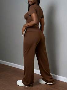 Slaydiva Hàng mới về Thu Đông/Quần áo Thu cho Nữ/Halloween/Quần áo Thu/Đông cho Nữ Bộ hai mảnh áo thun ngắn tay cổ tròn màu trơn dáng ôm và quần ống đứng cạp chun, thích hợp cho mùa xuân hè, màu nâu, phù hợp cho các lễ hội âm nhạc, lễ Phục Sinh, lễ Thánh Patrick. - Cà phê nâu - Xem 3