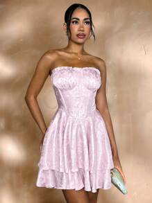 Glamine Women's Pink Jacquard Fabric Bustier Double Ruffle Hem Charming Dress - Baby Pink - View 3