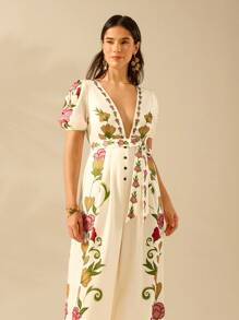 CAJUNI 女式波西米亚风格热带树叶和花卉印花深 V 领泡泡袖系腰阔腿连体裤，休闲米色连体裤 - 彩色 - 查看 6