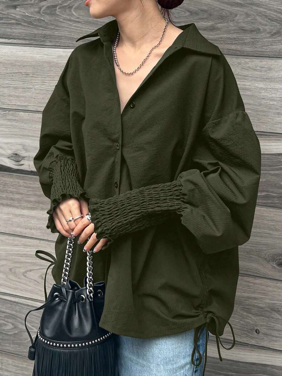FRIFUL Women's Plain Drop Shoulder Long Sleeve Single Breasted Casual Shirt, Fall - Army Green - View 1