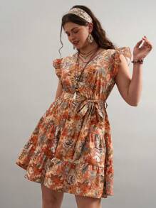 SHEIN VCAY Plus Size Summer Beach Paisley Print Ruffle Trim Belted Nashville Short Dress,Boho,Tie Dye,Vacation,Holiday,Country Western Wear Women,Concert Outfit - Multicolor - View 4