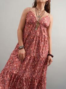 SHEIN VCAY Vestido informal de tirantes con estampado floral para tallas grandes, ropa de mujer estilo bohemio, vestidos de verano, vestido floral para mujer