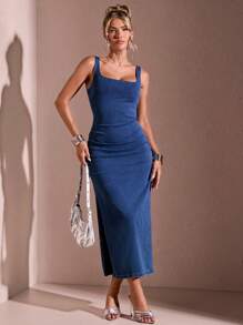 SHEIN BAE Vestido de mezclilla sin mangas de unicolor y estilo casual para uso diario de mujeres