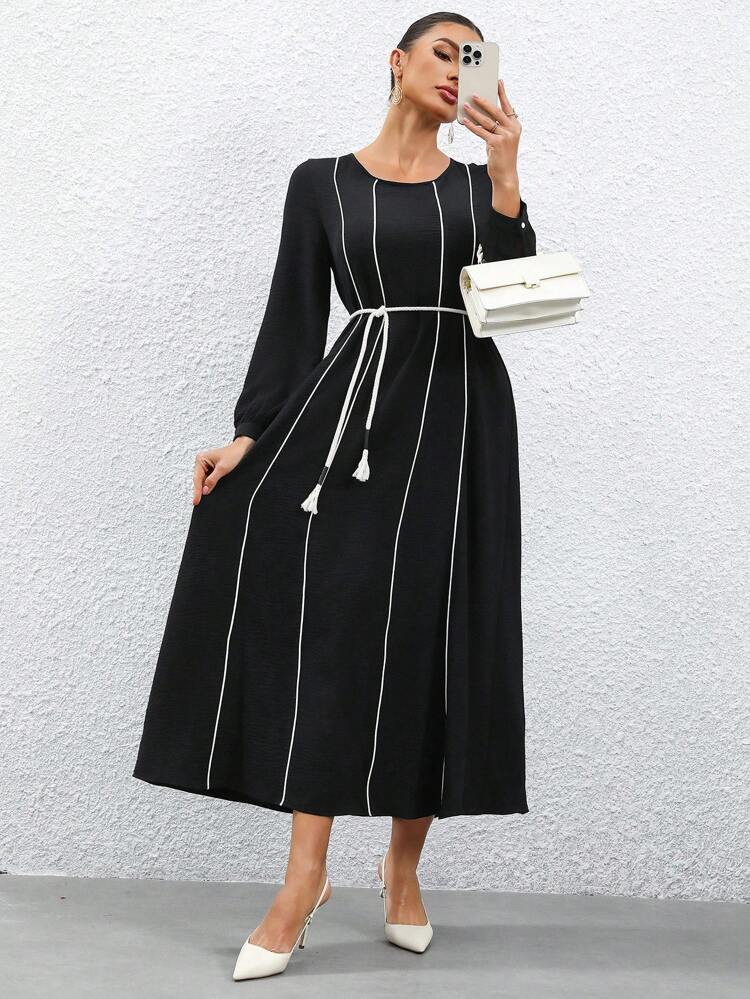 Vestito lungo da donna casual da indossare tutti i giorni, scollo rotondo, maniche lunghe