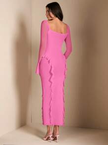 SHEIN BAE Elegant Women's Dress With 3D Floral Decor, Ruffled Hem, Sweet Pink Color, Suitable For Spring, Summer, Everyday, Dating, Outing, Party - Pink - View 2