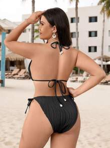 SHEIN Swim Curve 大码女式 2 件套纯色细肩带分体泳衣套装，性感时尚休闲度假沙滩装 - 黑色 - 查看 2