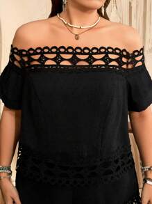 SHEIN LUNE Plus Size Women Textured Casual Vacation 2 Pieces Set Off Shoulder Cut Out Top & Shorts Concert Outfit - Black - View 4