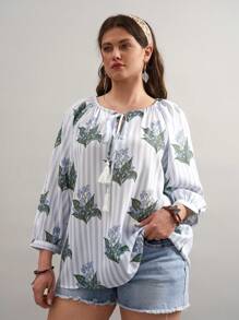 SHEIN LUNE Plus Size Women Floral Striped Tie Neckline Loose Blouse Floral Vacation Outfits Woman Country West Wear Women BOHO Easter Spring Outfits For Women Summer Outfits For Women Cute Summer Tops Easter Dress Easter Outfit Women Graphic