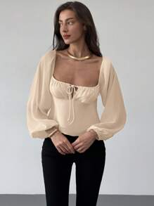 Aloruh Square Neck Ruched Waist Flared Textured Fabric Long Sleeve Blouse For Women - Apricot - View 5
