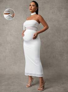 MaterniChic Maternity 2pcs Set: Solid Color Adjustable Waist Bandeau Top And Fish Tail Hem Skirt