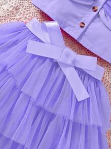 SHEIN 2pcs/Set Young Girls Bow Decor Suspender Mesh Skirt - Mauve Purple - View 3