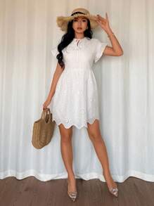Breezaya V-Neck Solid Color Knit Embroidered Lace Trim Short Sleeve Dress, Random Butterfly Embroidery, Vacation Beach Summer Dress - White - View 4