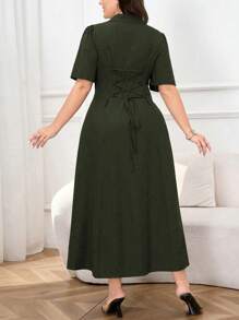 Modelyn Plus Size Solid Color Button Front Summer Short Sleeve Dress Maxi Women Outfit Long Evening Dresses - Army Green - View 2