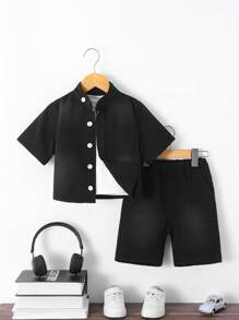 2pcs/Set Casual Washed Denim Shirt With Collar & Short Sleeve + Denim Shorts Set, Essential Summer Outfit For Young Boy - Black - View 1