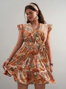SHEIN VCAY Plus Size Summer Beach Paisley Print Ruffle Trim Belted Nashville Short Dress,Boho,Tie Dye,Vacation,Holiday,Country Western Wear Women,Concert Outfit - Multicolor - View 6