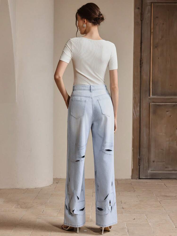 Distressed Casual Versatile Straight Leg Jeans, Women