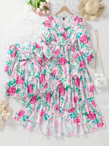 Premium Plus Size Floral Print Puff Sleeve V-Neck Dress, Elegant Vacation Mother's Day Dress, High-End Fashion Design, Suitable For Birthday Party, Holiday, Spring/Autumn, Sophisticate Look, Luxury Mom&Daughter Set - Pink - View 1