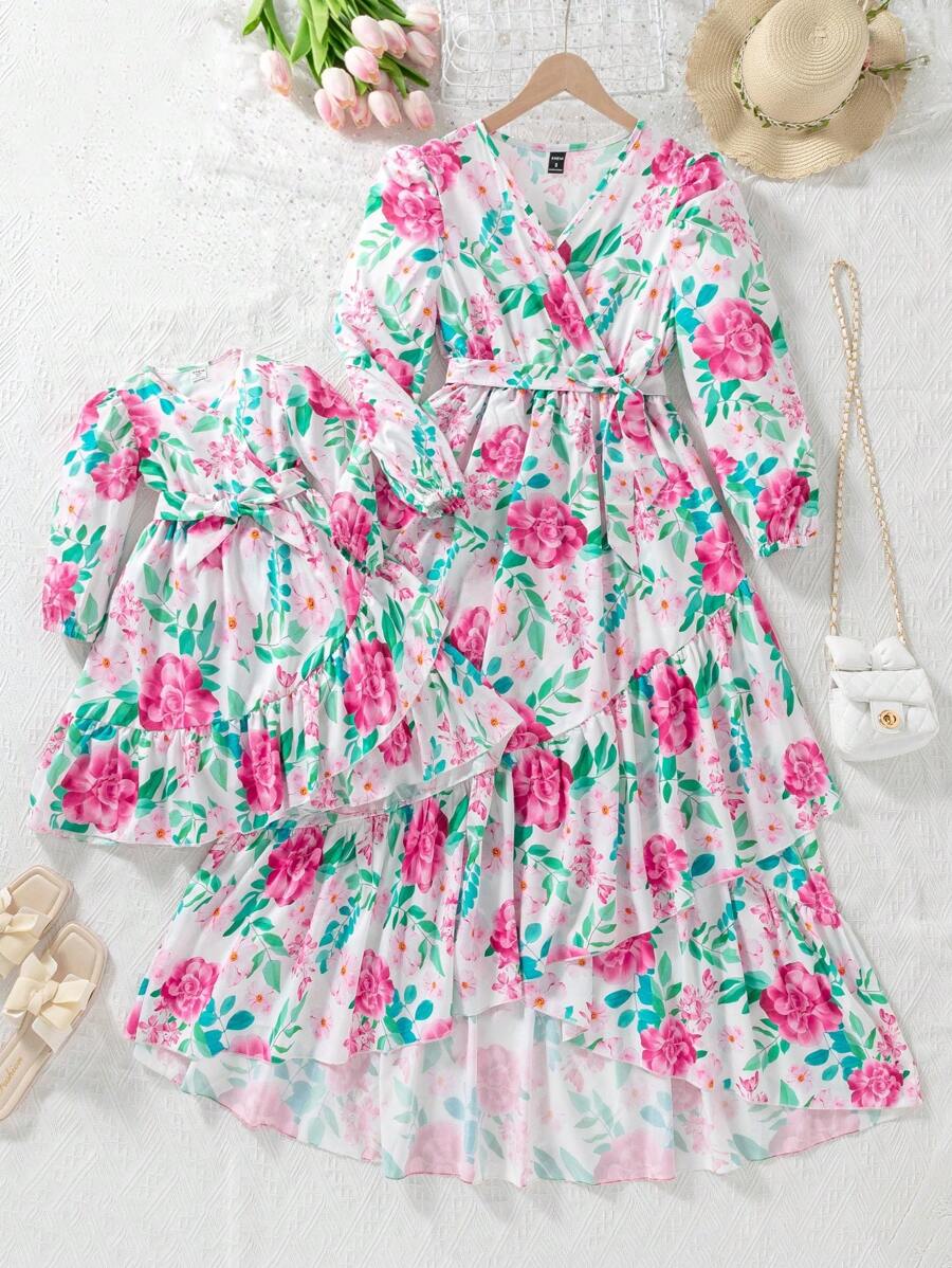 Premium Plus Size Floral Print Puff Sleeve V-Neck Dress, Elegant Vacation Mother's Day Dress, High-End Fashion Design, Suitable For Birthday Party, Holiday, Spring/Autumn, Sophisticate Look, Luxury Mom&Daughter Set - Pink - View 1