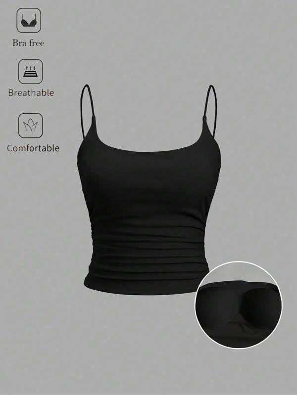 Sweetra Maiou de damă cu bretele spaghete, culoare solidă, cu sutien încorporat, camisol simplu, casual, personalizat, versatil