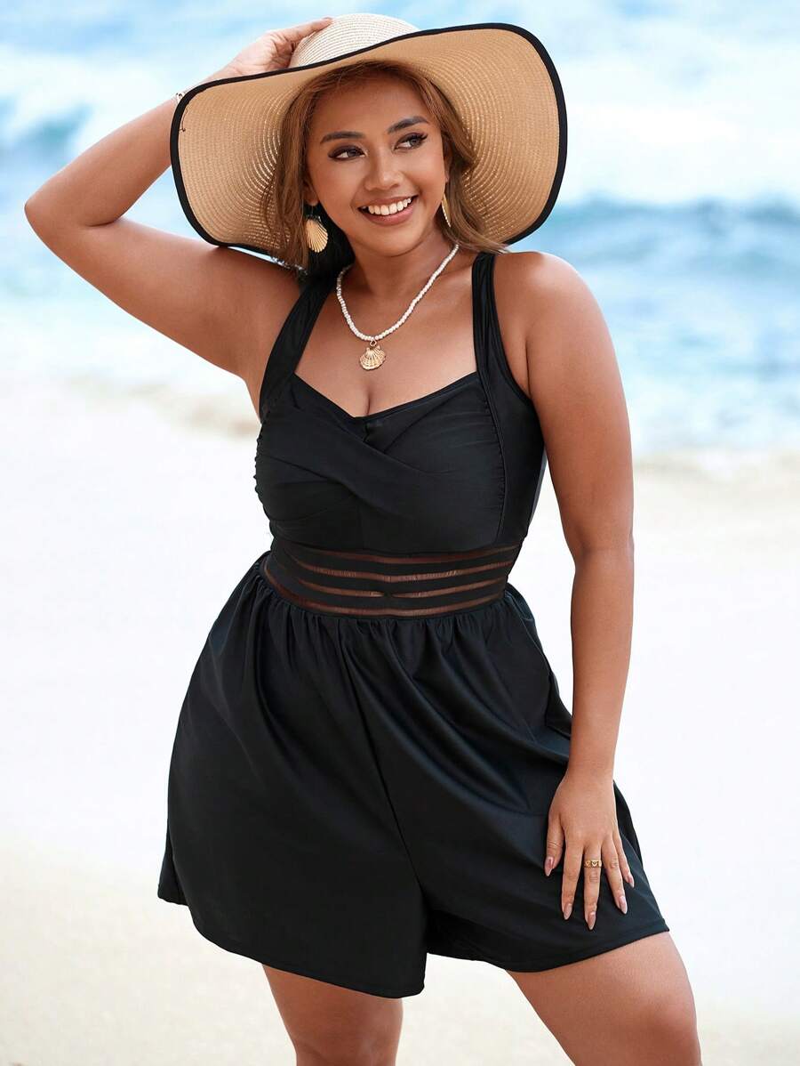 SHEIN Swim 1 件优雅度假可调节肩带加大码连体泳衣 - 黑色 - 查看 1
