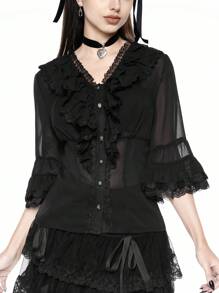 ROMWE Goth 哥特式复古荷叶边领扣腰雪纺女式衬衫上衣，开学季 - 黑色 - 查看 5