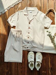 SHEIN Tween Boys' Solid Color Polo Shirt And Shorts Set, Spring/Summer - Apricot - View 1