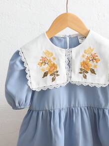 女孩复活节海军领刺绣短袖上衣 - 藍色 - 查看 4