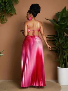 Maweii Plus Size Women Sexy & Charming Spaghetti Strap Hollow-Out Waist Gradient Color Pleated Mini Dress