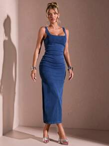SHEIN BAE Vestido de mezclilla sin mangas de unicolor y estilo casual para uso diario de mujeres