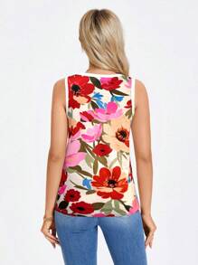 SHEIN LUNE 休闲花卉印花圆领针织T恤，适合日常穿着，夏季 - 粉色 - 查看 2