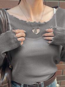 FRIFUL Damski, prześwitujący top z falbanką w kształcie serca, dopasowany, z długim rękawem, jesienne ubrania