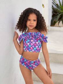 SHEIN Young Girls Ruffle Tankini Set, Girls Swimwear, Suitable For Spring And Summer - Multicolor - View 4