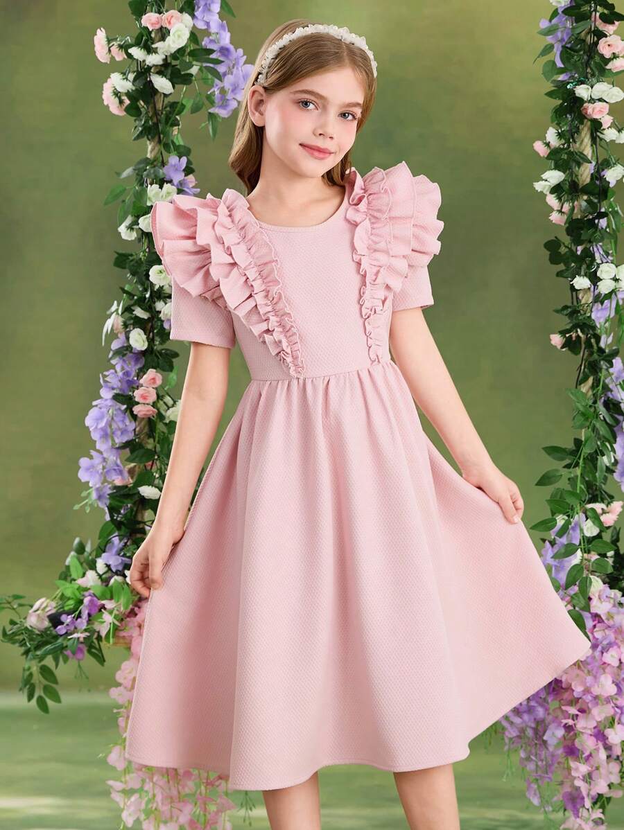 SHEIN Vestido Casual Ajustado com Babado na Barra, Cor Sólida para Meninas Pré-Adolescentes - Rosa chiclete - Visão 1