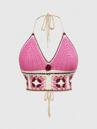 Kawaii Top hecha a mano tejida al ganchillo con flores y espalda abierta en talla grande