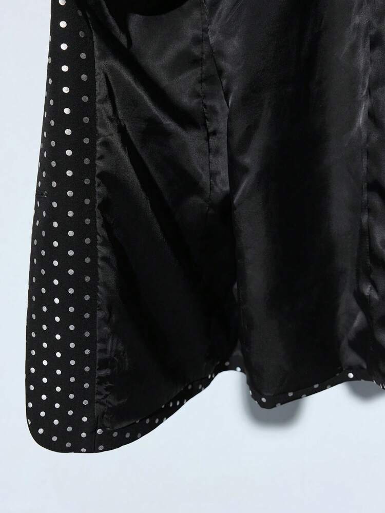 SHEIN Maija Women's Black Front Button Polka Dot Shiny Fabric Stand Collar Epaulet Pocket Long Sleeve Fashionable Versatile Daily Casual Party Blazer Jacket Festival