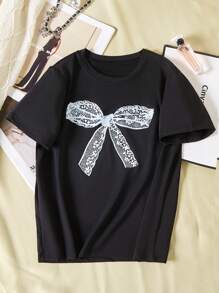 Girls' Casual Bow Print Short Sleeve Round Neck Top