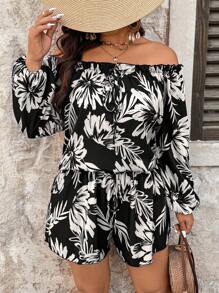 Breezaya Plus Size Women Tropical Floral Print Off-Shoulder Lantern Sleeve Top And Shorts 2pcs Set - Multicolor - View 8
