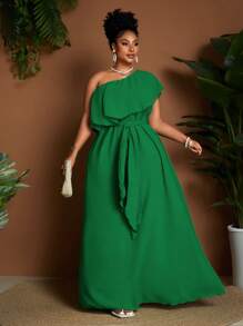 Maweii Plus Size Women Ruffle Hem Asymmetrical Shoulder Casual Loose A-Line Dress - Green - View 5