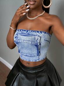 Slaydiva 2025 夏季新款音乐节毕业生日派对学生日常休闲度假邮轮沙滩装日光浴病毒式街头装朋克牛仔风格无袖露背开口拉链工装口袋蓝色牛仔女衬衫