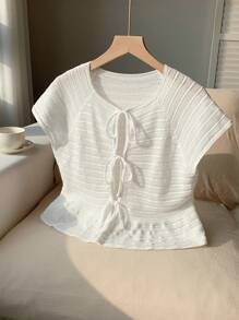 Comfortcana Women's White Solid Color Front Tie Short Sleeve Casual Thin Cardigan,Vacation Tops - White - View 3
