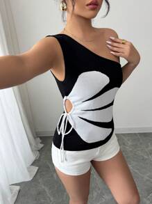 Chiquease Women's Spring/Summer Asymmetric Neck Black & White Floral Drawstring Waist Knit Top - Black - View 5