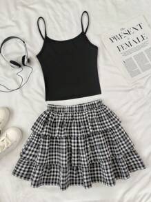 SHEIN Nastolatki Dziewczęcy Prosty Dzianinowy Top Na Ramiączkach I Wielowarstwowa Kraciasta Spódnica Tortowa Casual 2 Częściowy Zestaw