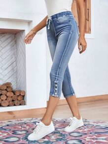 EMERY ROSE Drawstring Waist Button Hem Skinny Jeans