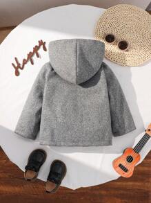 男婴/女婴灰色格子双排扣连帽厚羊毛中长夹克，学院风百搭休闲百搭适合室内外，秋冬